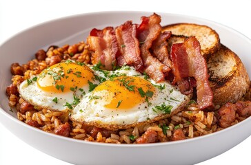 Delicious and Savory Breakfast Platter with Fried Eggs, Crispy Bacon, Toasted Bread, and Flavorful Rice Dish, Ideal for Morning Meals and Brunch Settings