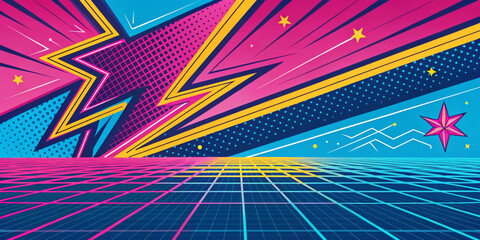 Fototapeta premium Explosive geometric patterns burst from the center, featuring dynamic arcs and vibrant colors. A grid-like floor suggests a retro, futuristic landscape.AI