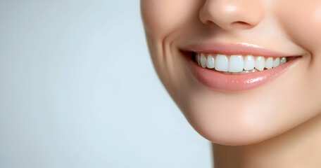 Fototapeta premium Subtle smile on a woman with clear skin, isolatedd on a minimalist light grey background.