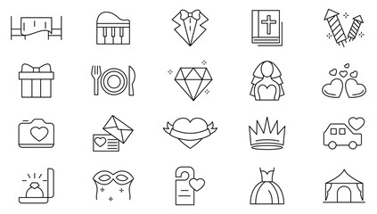 Fototapeta premium Wedding Celebration line icon set. Containing calendar, confetti, decorations, present, fireworks, masks, balloons, cake, ticket, birthday, line icon set. Ui thin line icon pack.