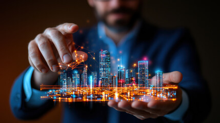 Innovative smart city concept with futuristic skyline and technology