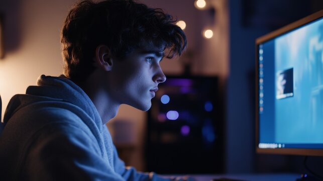 Young man concentrating on his computer screen in a dark room.