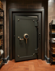 Door of big vintage safe in retail store bank vault security valuable storage, Side lit, with white tones