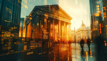 Naklejka premium double exposure fo bank and charts