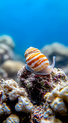 Orange-striped sea snail on coral reef, underwater ocean background, nature wildlife photography.