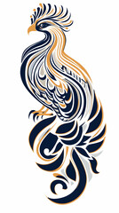 Ornate stylized phoenix bird design, isolated white background, graphic art, tattoo inspiration.