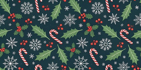 Festive Christmas pattern with candy canes, holly leaves, red berries, and snowflakes on dark background - perfect for holiday wrapping paper, greeting cards, and seasonal decorations