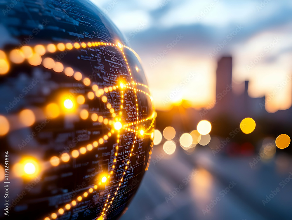 Poster global network connection at sunset, city background; website header image