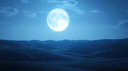 A serene night landscape illuminated by a large moon.