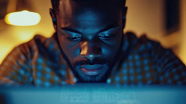 Software developer focuses on coding at night with glowing monitors