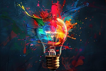 Creative concept light bulb explodes with colorful paint
