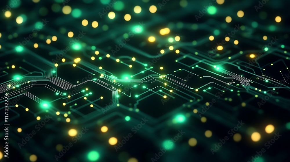 Poster abstract circuit board with glowing green lines and nodes