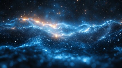 Abstract Blue and Gold Particle Wave Landscape