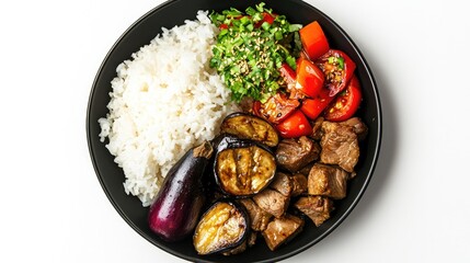 Japanese Beef and Eggplant Bowl with Rice and Tomatoes