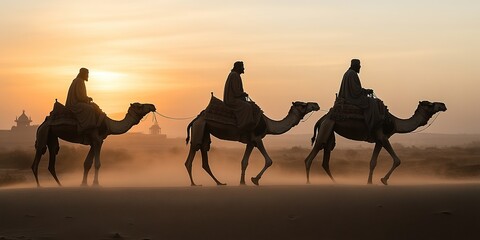 Silhouetted camel caravan in desert at sunset