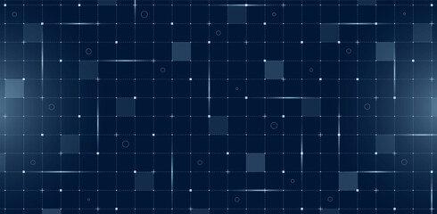 Futuristic VR HUD user interface with digital grid and particle mesh. Hi tech GUI visor layout. Sci fi spaceship display featuring lines and dots on dark blue background for advanced FUI dashboard