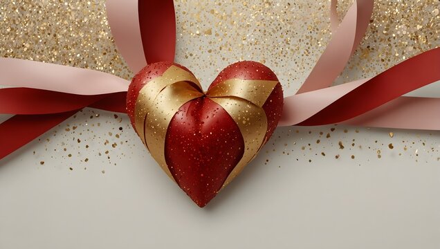 Two red apples are arranged in the shape of a heart and wrapped in gold ribbons, positioned on a white background with gold speckles and pink and red ribbons. The image is likely for Valentine's day.

