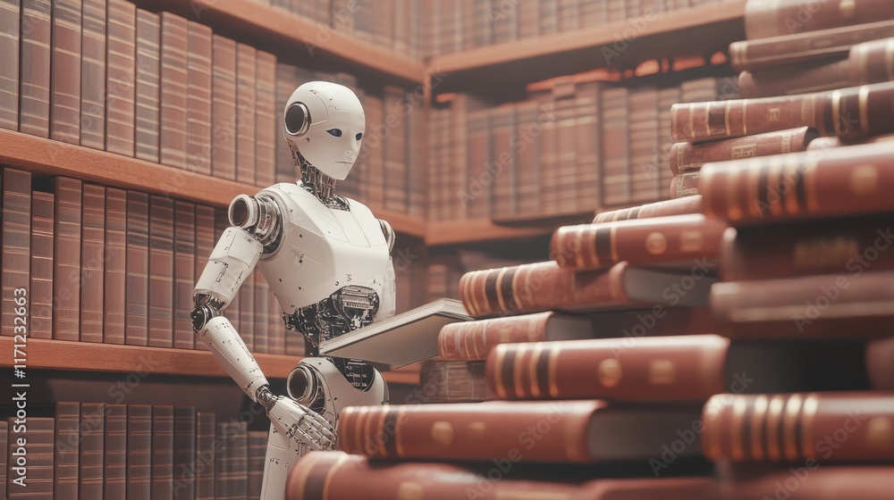 Poster robot in a library surrounded by stacks of books and knowledge