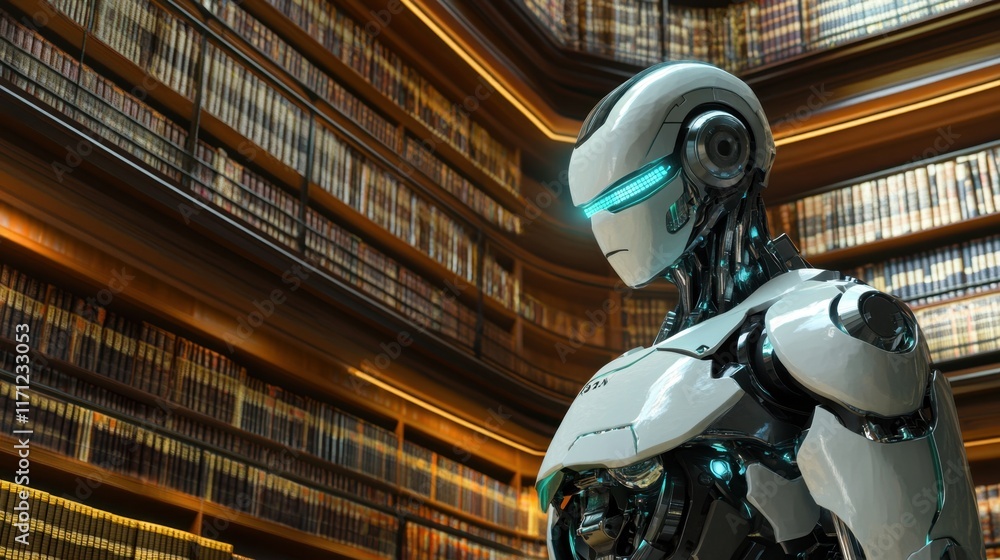 Aufkleber robot in a library surrounded by books with futuristic design