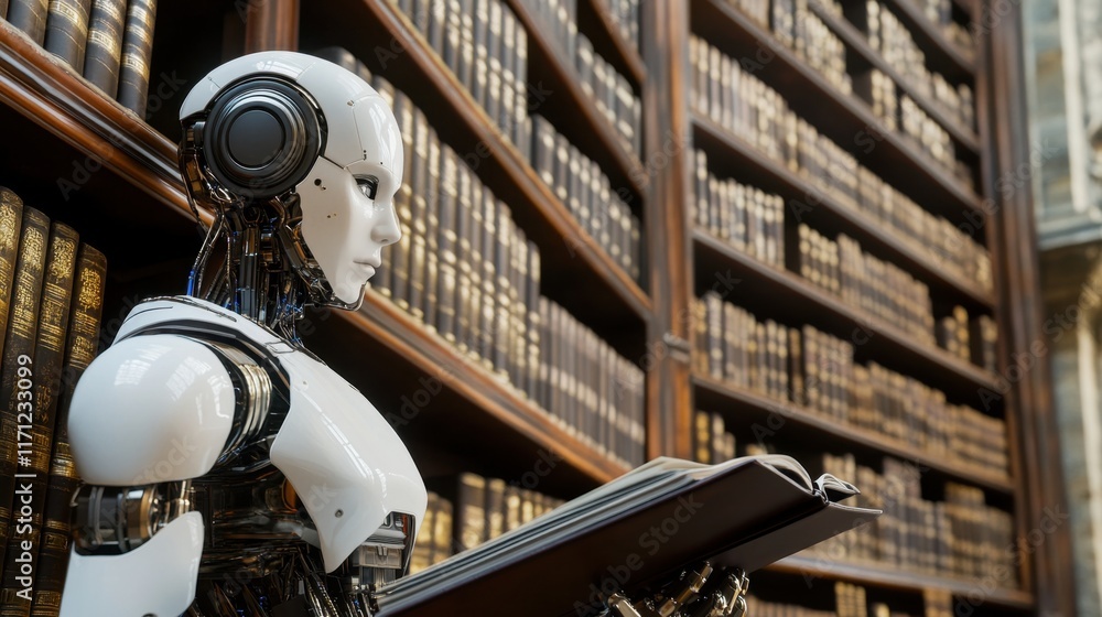 Poster futuristic robot with book in grand library setting