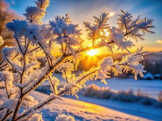 Obraz premium Sunrise paints a frozen wonderland, ice crystals glittering on a cold, frosted landscape.