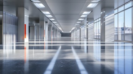 Obraz premium Modern, empty office hallway with large windows, bright sunlight, and polished concrete floor.