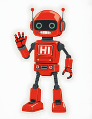 Fototapeta premium retro red robot says hi transparent, flat papercut style, with white tones
