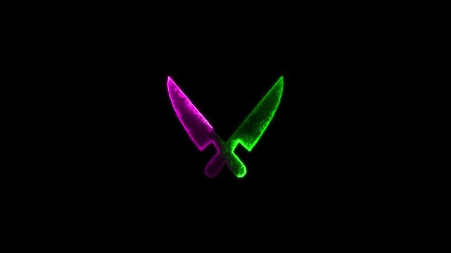 neon line Black crossed knives. BBQ and grill tools. Barbeque cutlery. Kitchen utensil. Party, cuisine, cookery sign. Vector illustration isolated on black.