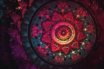 Obraz premium Intricate mandala with vibrant red and purple tones and ornate patterns