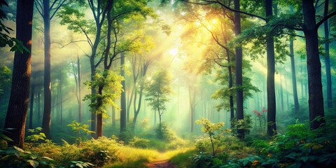 Obraz premium Vintage Watercolor Forest Background: Lush Greenery & Misty Scene
