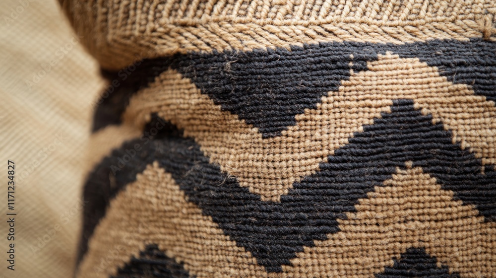 Poster a close-up of woven fabric featuring a zigzag pattern in natural fibers.