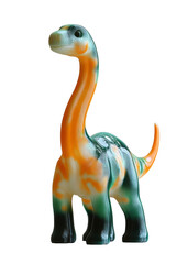 Fototapeta premium A 3D-printed dinosaur figure with vibrant green and orange details, positioned on a plain white surface,
