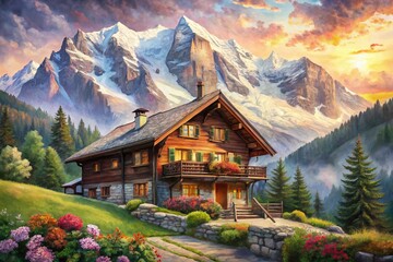 Obraz premium Vintage Watercolor Swiss Chalet, Cozy Alpine Mountain Home, Scenic Winter Landscape