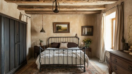 Rustic bedroom with antique furniture and wooden beams.