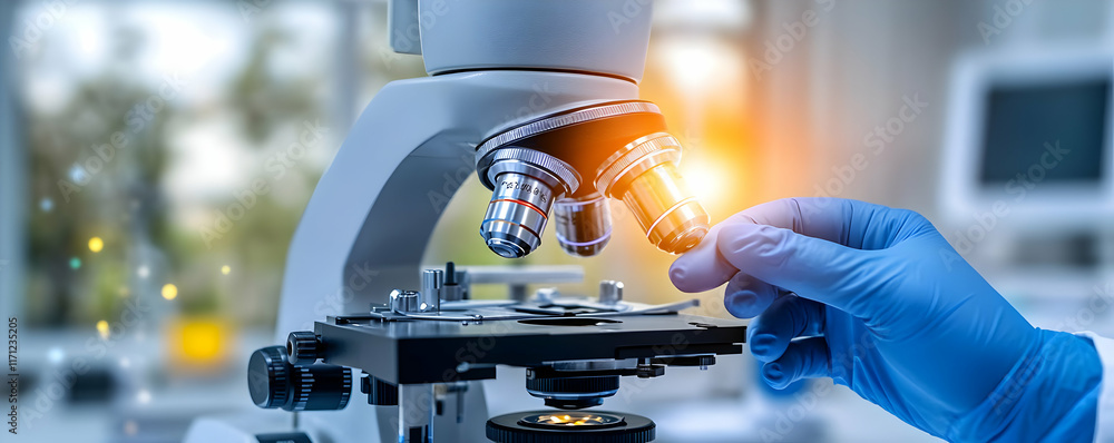 Poster scientist using microscope in lab; sample analysis; research; medical; science; healthcare
