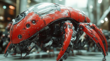 Red robotic spider-like machine in futuristic city.