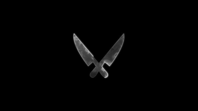 neon line Black crossed knives. BBQ and grill tools. Barbeque cutlery. Kitchen utensil. Party, cuisine, cookery sign. Vector illustration isolated on black.