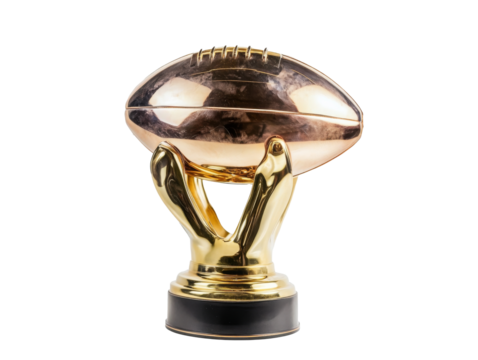 Unique trophy held by golden hands in a display