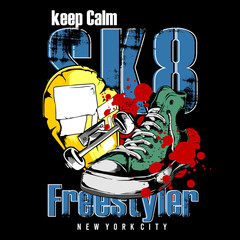 Obraz premium Skateboarding freestyler slogan with illustration of skateboard and shoes, typography design