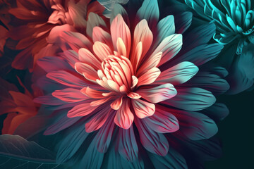 Abstract chrysanthemum flower with glowing teal and pink tones
