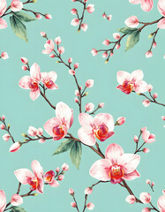 Fototapeta premium delicate vintage watercolor seamless pattern with branches of palm and orchid on a turquoise background for textile and surface design and packaging, collage style, with white tones