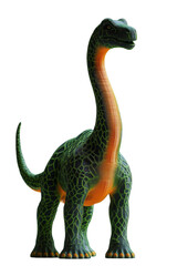 A 3D-printed dinosaur figure with vibrant green and orange details, positioned on a plain white surface,