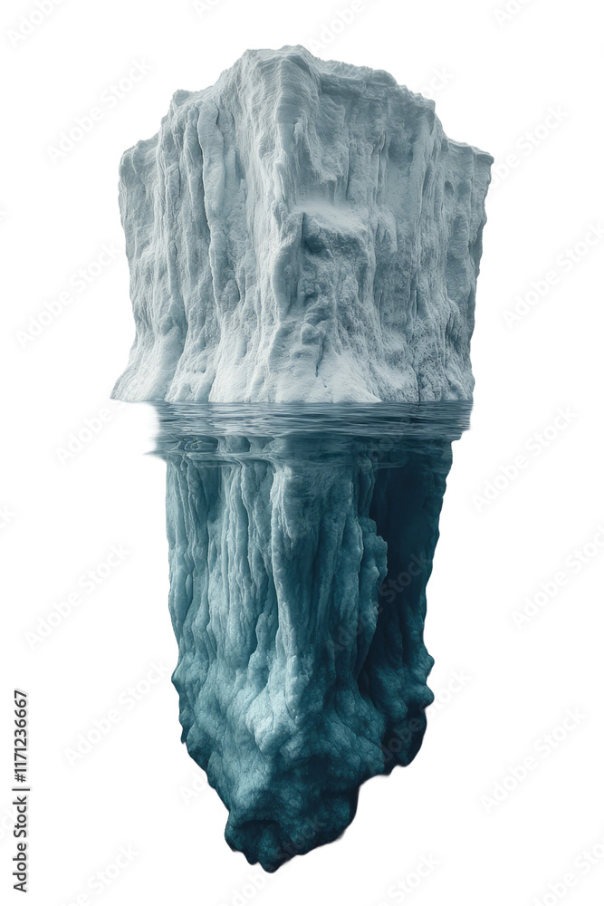 Poster a geometric iceberg with angular facets and a gradient blue color, resting on a clean white canvas,