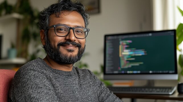 A smiling man with glasses sits in front of a computer displaying code, surrounded by plants and a cozy indoor environment.