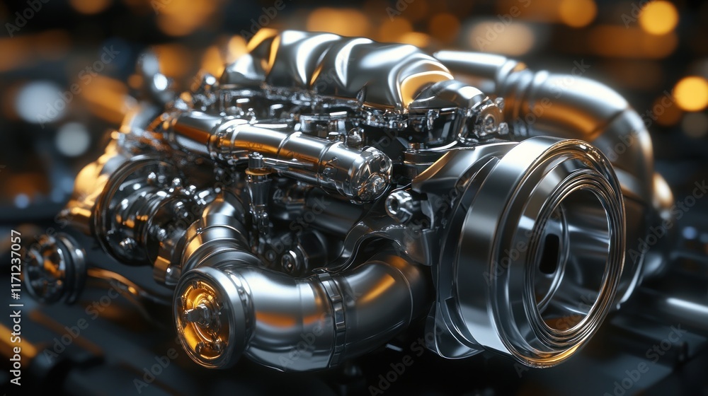 Poster A detailed, shiny engine with complex components, showcasing mechanical design and engineering.