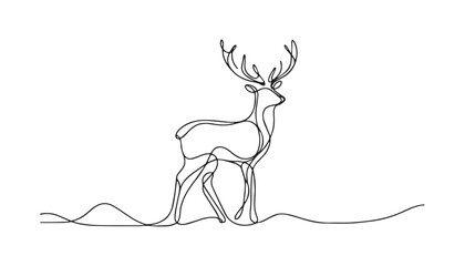 One continuous line drawing of christmas reindeer. Wild animal deer with antlers is dynamic silhouette in simple linear style. Elegance logo editable stroke. Doodle vector illustration