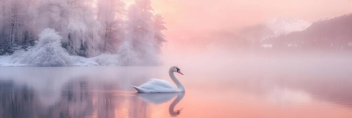 Swan in lake with snow covered forest in winter.