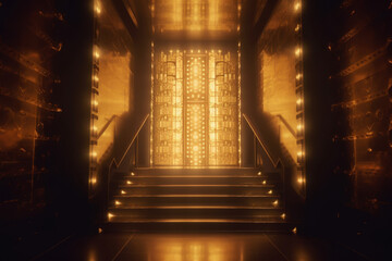 a glowing staircase leading to a vault door covered in gold accents 4k, --ar 3:2 --v 5 Job ID: 4ba05b8b-e15f-422a-8352-84ea51c176eb