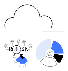 Woman examines risk icons with magnifier under cloud outline. Adjacent gear-linked pie chart in blue-gray tones. Ideal for data analysis, risk management, tech strategies, innovation, cloud