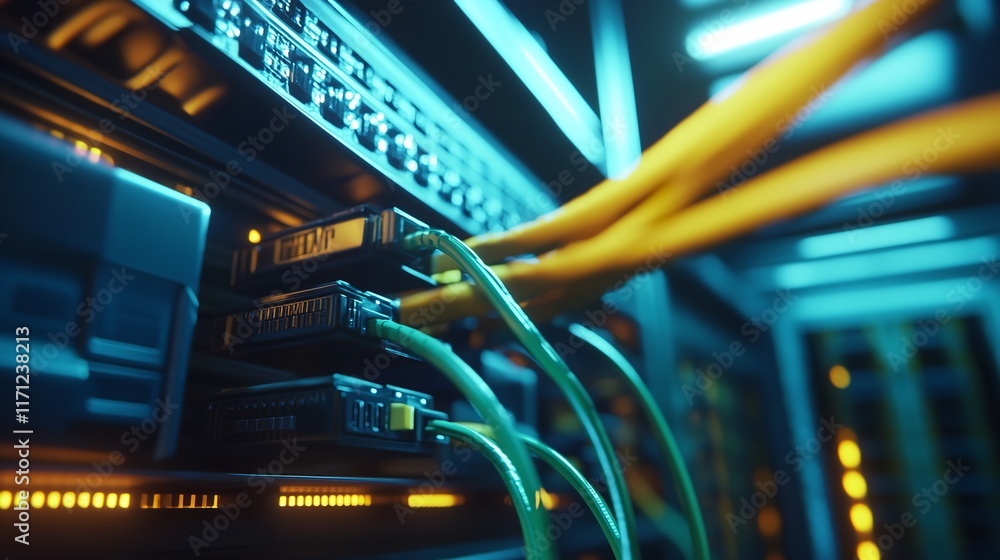 Poster modern data center with yellow cables connected to patch panel, close-up of network interface